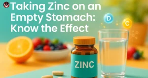 zinc on empty stomach -Zinc supplement bottle with oysters, pumpkin seeds, beef, and spinach on white background – representing dietary and supplemental sources of zinc