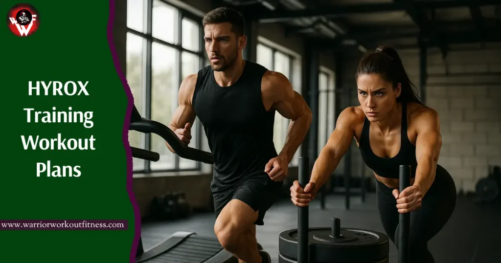 HYROX Workout Plan- Athletes performing HYROX functional training workout with sled push in gym – man and woman training intensely for HYROX competition