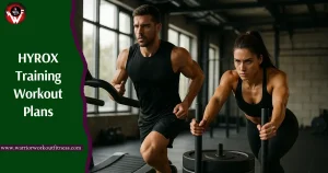HYROX Workout Plan- Athletes performing HYROX functional training workout with sled push in gym – man and woman training intensely for HYROX competition