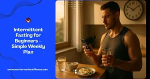 A beginner preparing for intermittent fasting in a sunlit kitchen at 7 AM, holding a glass of water beside healthy breakfast foods and a visible wall clock.