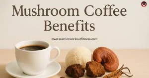 Modern flat-lay composition of a black ceramic cup filled with mushroom coffee, surrounded by medicinal mushrooms like lion’s mane, reishi, chaga, and cordyceps, plus scattered coffee beans, on a neutral beige background with the title "Mushroom Coffee Benefits" in bold white text at the bottom