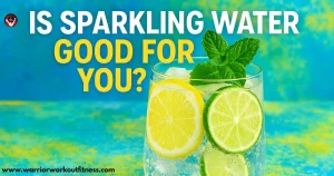 Glass of sparkling water with lemon and lime slices, mint leaves, and text asking if sparkling water is good for you