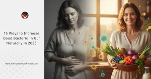 Before and after transformation of a woman rebuilding her gut microbiome naturally with colorful prebiotic and fermented foods, surrounded by glowing beneficial bacteria – dramatic split image showing bloating relief and radiant health 2025