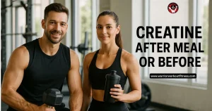 Creatine time- Athletes holding creatine shaker bottle with meal plate and gym weights showing creatine after meal or before workout timing concept.