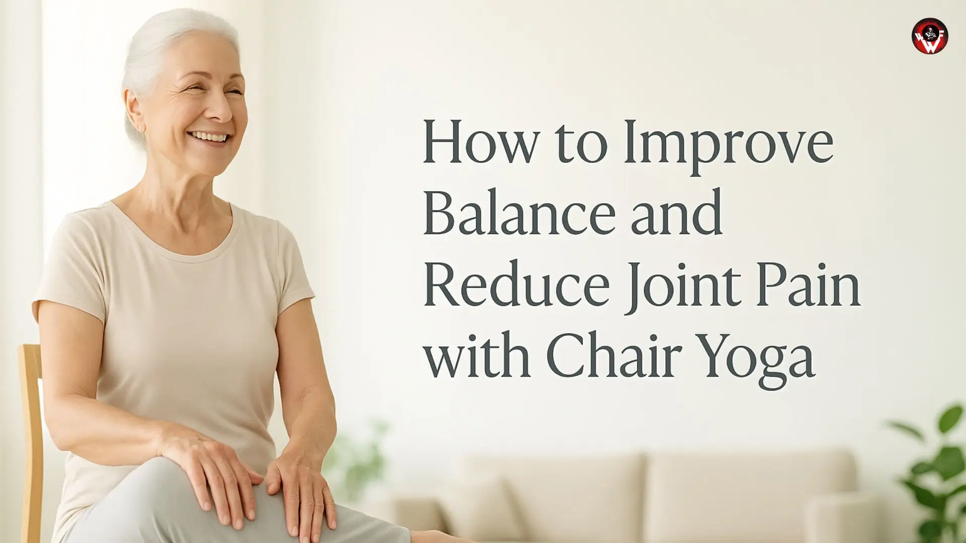 Happy senior woman practicing gentle chair yoga at home to improve balance, open tight hips, and relieve joint pain – proof that staying active and pain-free is possible at any age!