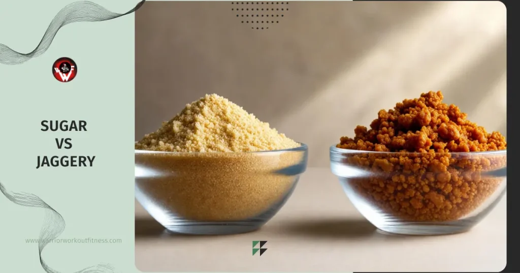 Jaggery vs Sugar – featured image showing white refined sugar on the left and brown jaggery on the right in clear glass bowls against a clean background, with the bold title 'Sugar vs Jaggery' displayed prominently.