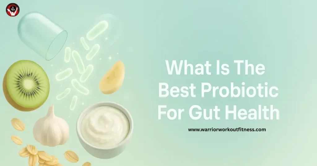 Best Probiotic for Gut Health guide: glowing probiotic capsule with live bacteria, curd, and prebiotic foods on clean teal background