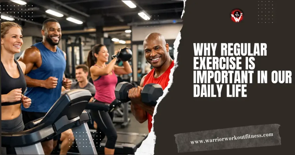 regular exercise For the 5th Prompt: "Modern gym interior with motivated people working out – running on treadmill, lifting weights, and doing cardio, diverse group smiling and full of energy, bright lighting, concept of building strength and fitness through regular exercise, professional photography style" Alt Text (for SEO and accessibility): "A bright modern gym interior filled with a diverse group of motivated people exercising: some running on treadmills, others lifting weights and doing cardio, all smiling with energy, showcasing the benefits of regular fitness and strength building.