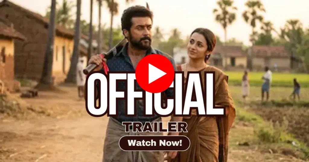 Suriya with a female co-star in a rural village setting from Karuppu movie official trailer. Suriya holding a weapon, intense look, official trailer thumbnail.